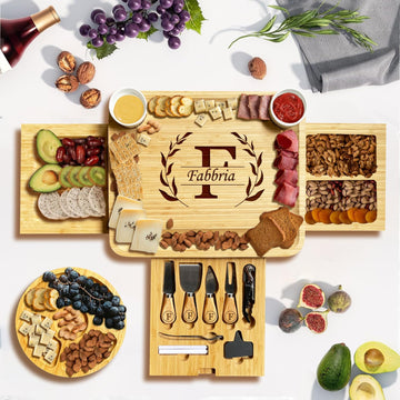 Personalized Bamboo Charcuterie Board with 3 Drawers & Utensils Set - Custom Engraved Mother's Day Gift, Housewarming (Round Tray Included)