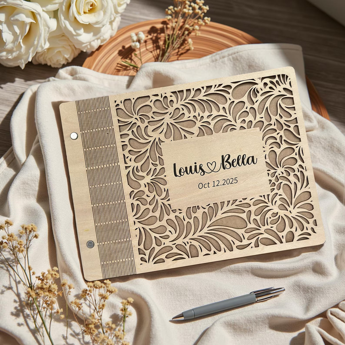 Custom Carved Wooden Wedding Guest Book