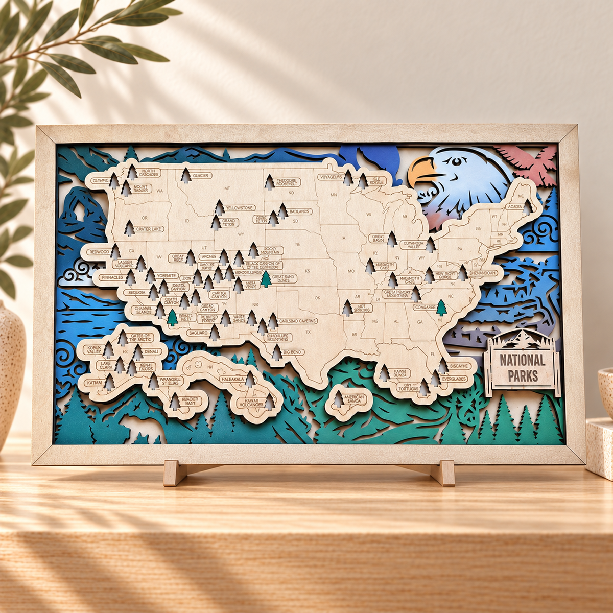 Custom Wooden US National Parks Tracker Map with Stand