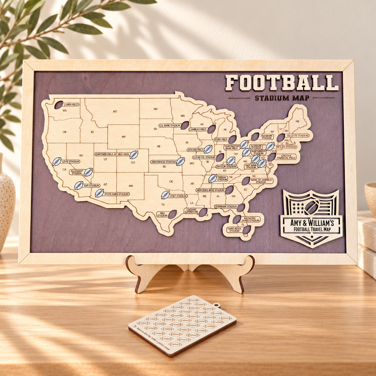 Personalized NFL Stadium Travel Map with Push Pins - Sturdy Wood Back