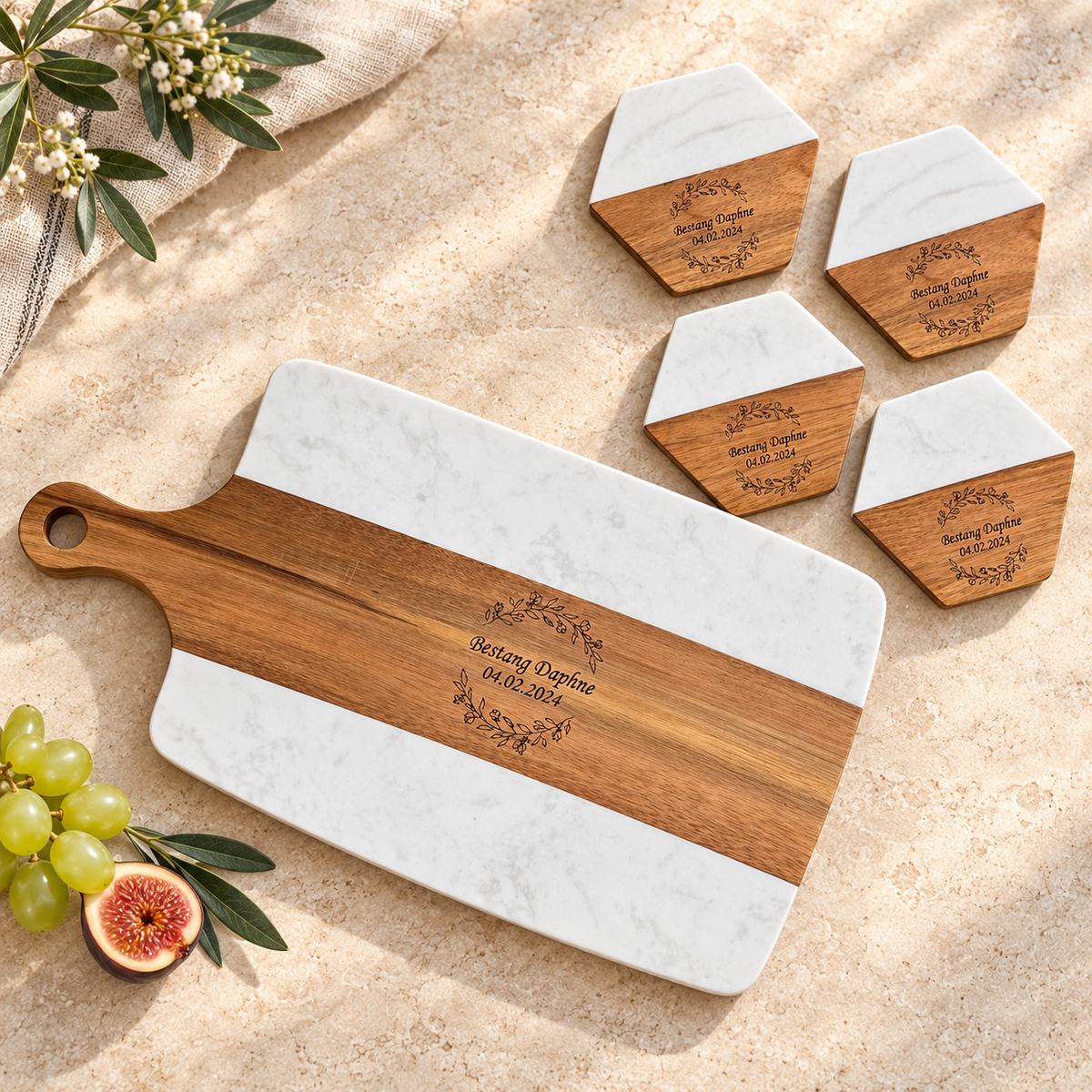 Personalized Marble and Wood Cutting Board with 4 Coasters Set