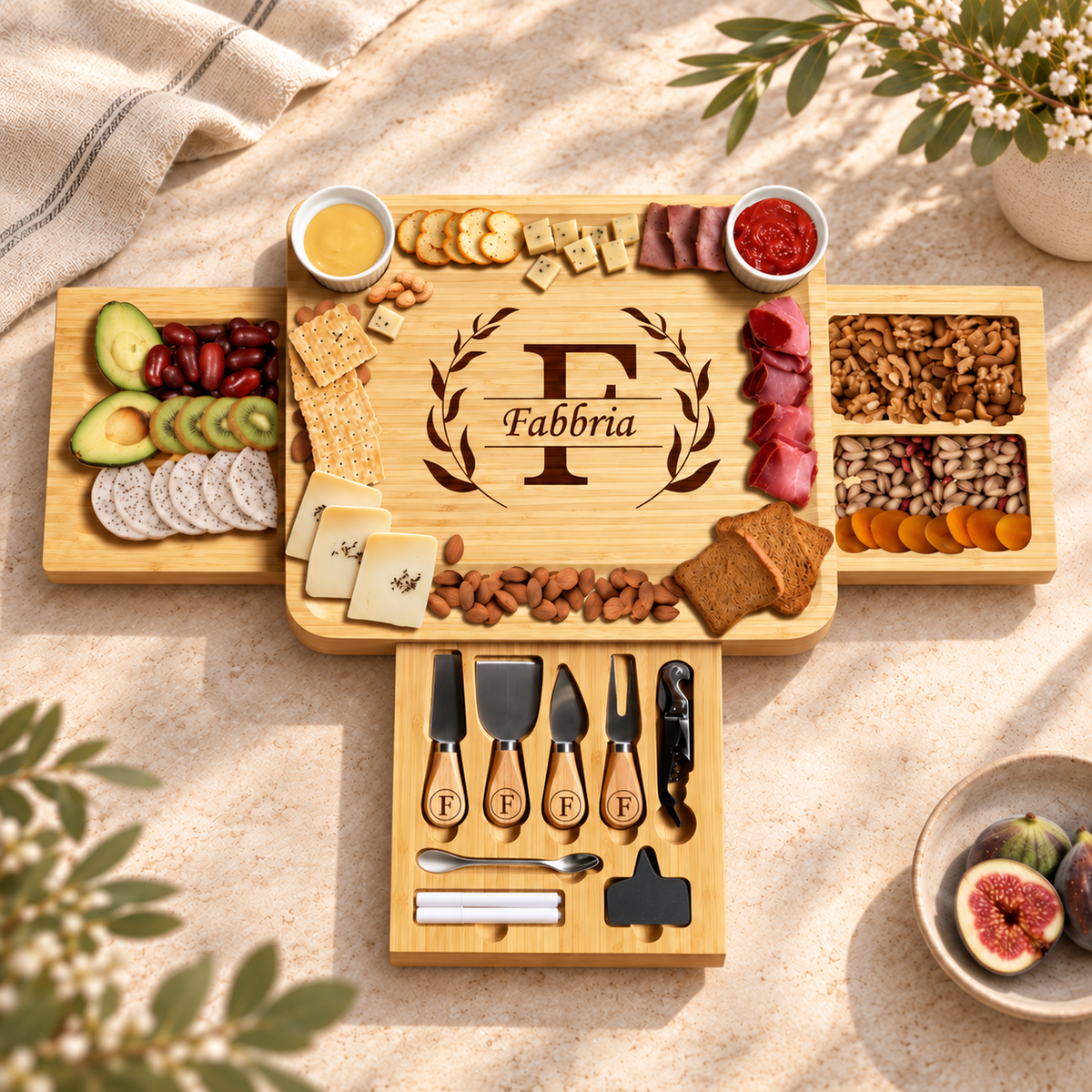 Personalized 3-Drawer Bamboo Charcuterie Board with Tray & Utensils Set