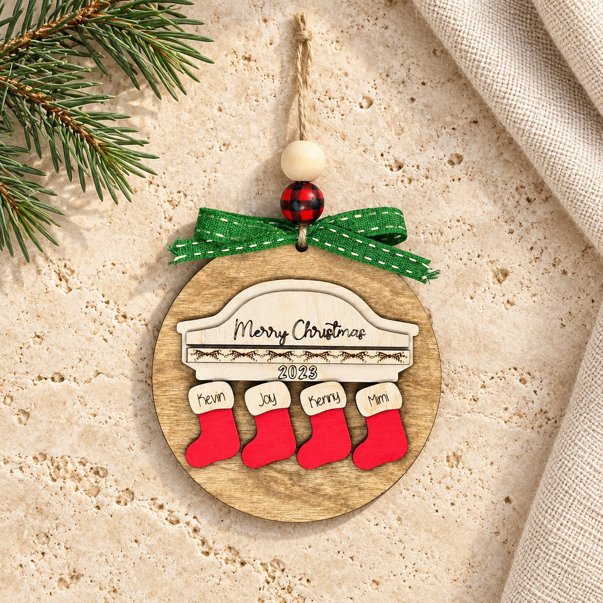 Engraved Wooden Stocking Custom Family Christmas Ornament
