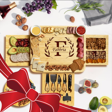 Personalized 3-Drawer Bamboo Charcuterie Board with Tray & Utensils Set