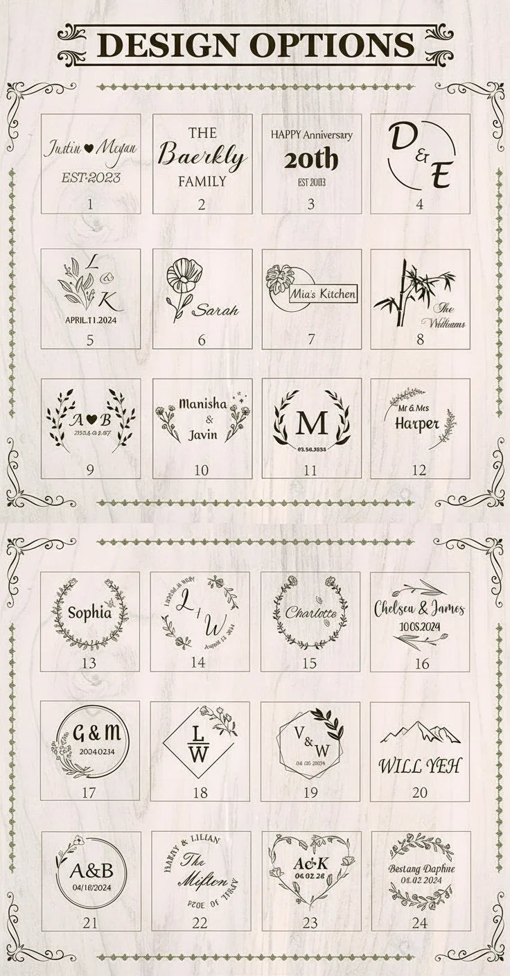 Numbered engraving design options 1–24 for this board.