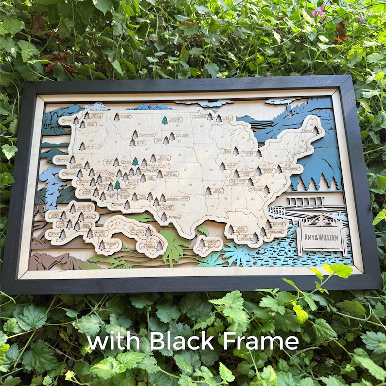Framed National Parks travel map displayed in a warm cream and oak interior