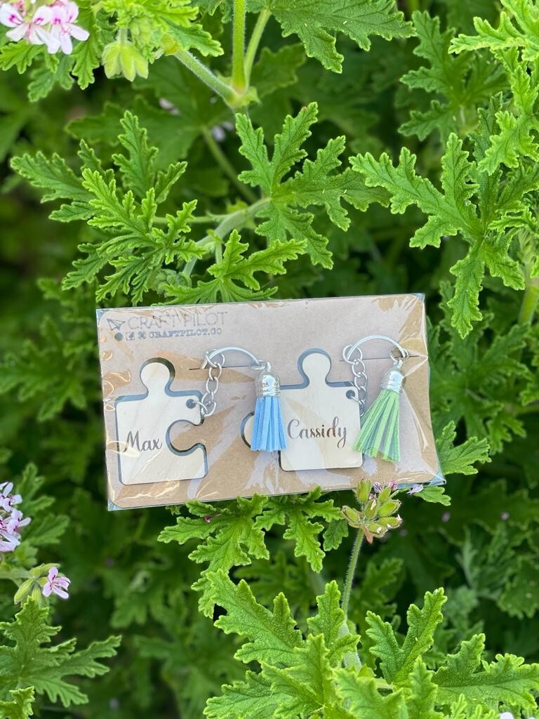 Personalized Wooden Puzzle Keychain with Tassel - Set of 2