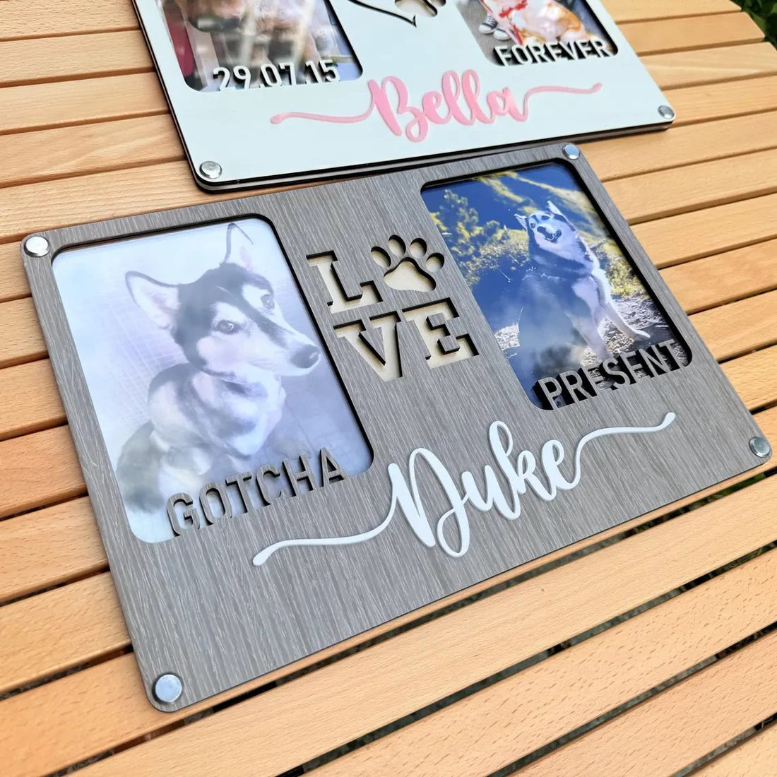 Personalized gray oak pet photo frame with two dog photos and Duke name.