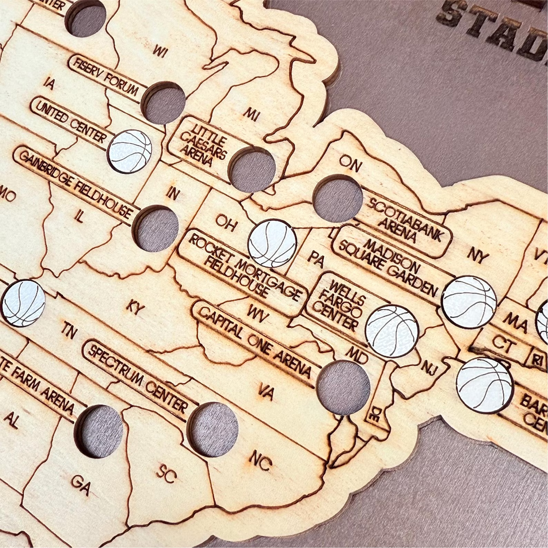 Personalized NBA Stadium Travel Map - Sturdy Wood Back in a warm Craft Pilot product setting