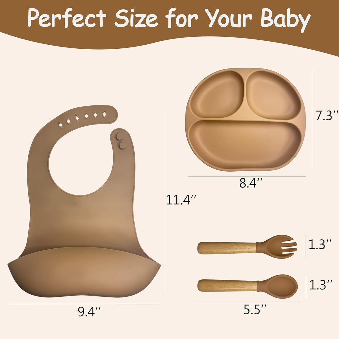 Custom Engraved Silicone Bib，Personalized Silicone Baby Weaning Set， Weaning Set for Toddler，Baby Feeding Set (4 PCS) (Brown)