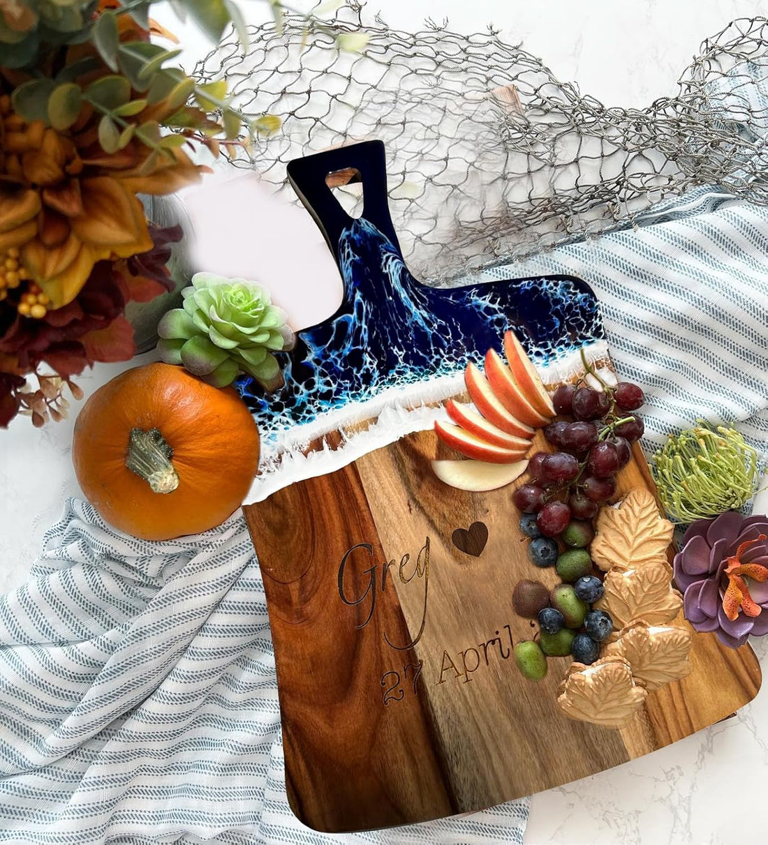 USA Made Personalized Ocean Resin Cutting Board, Engraved Wood Charcuterie Board - Customized Gifts of Cheese Boards,Christmas Personalized Wedding Gift,Couple Gift,Housewarming Gift,Anniversary Gift