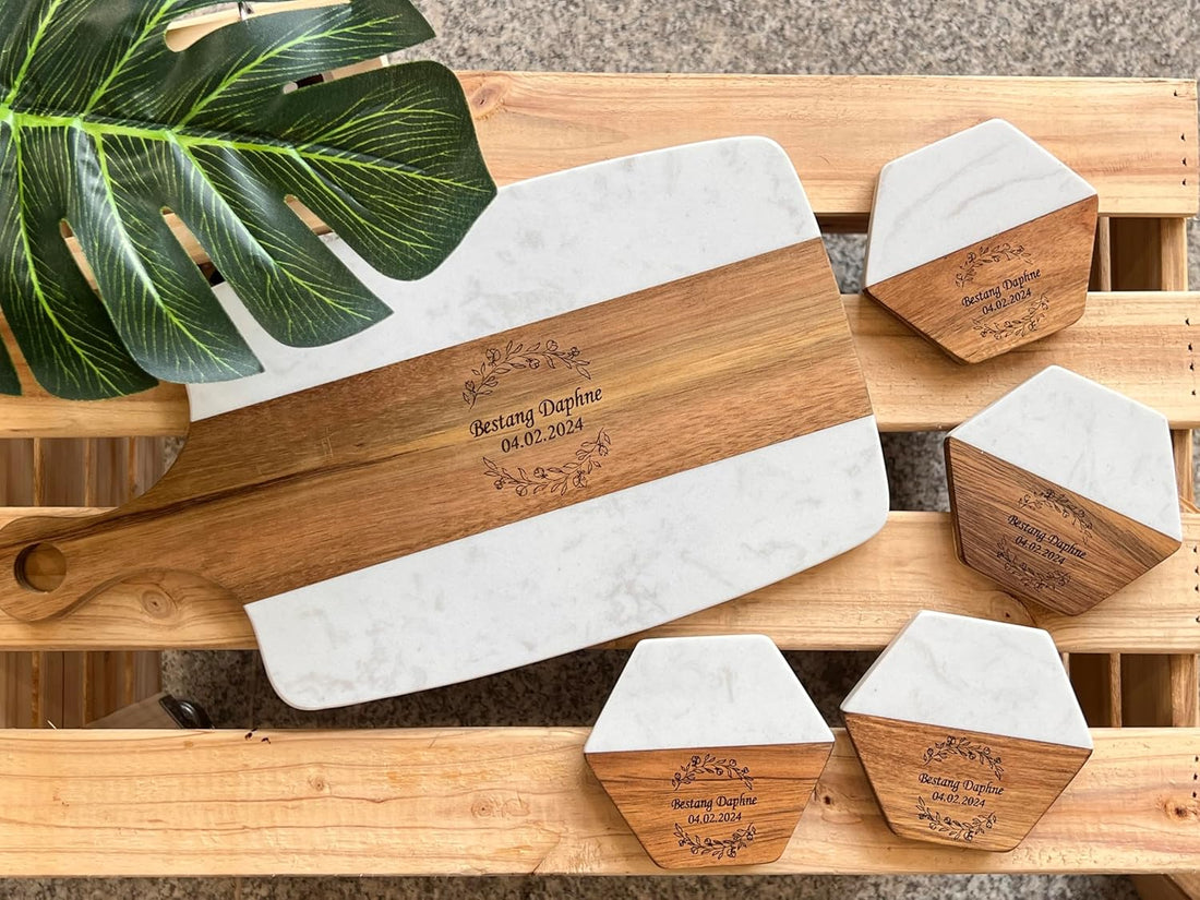 Personalized Marble and Wood Cutting Board with 4 Coasters SET - USA Made - Custom Engraved Charcuterie Boards & Cheese Boards,Best Present for Wedd, Engagement Anniversary Housewarming Gift