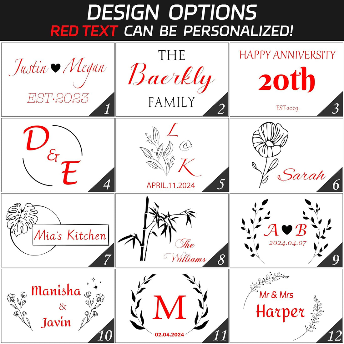 Wooden cutting board with engraved names and date, surrounded by decorative items on a textured surface.