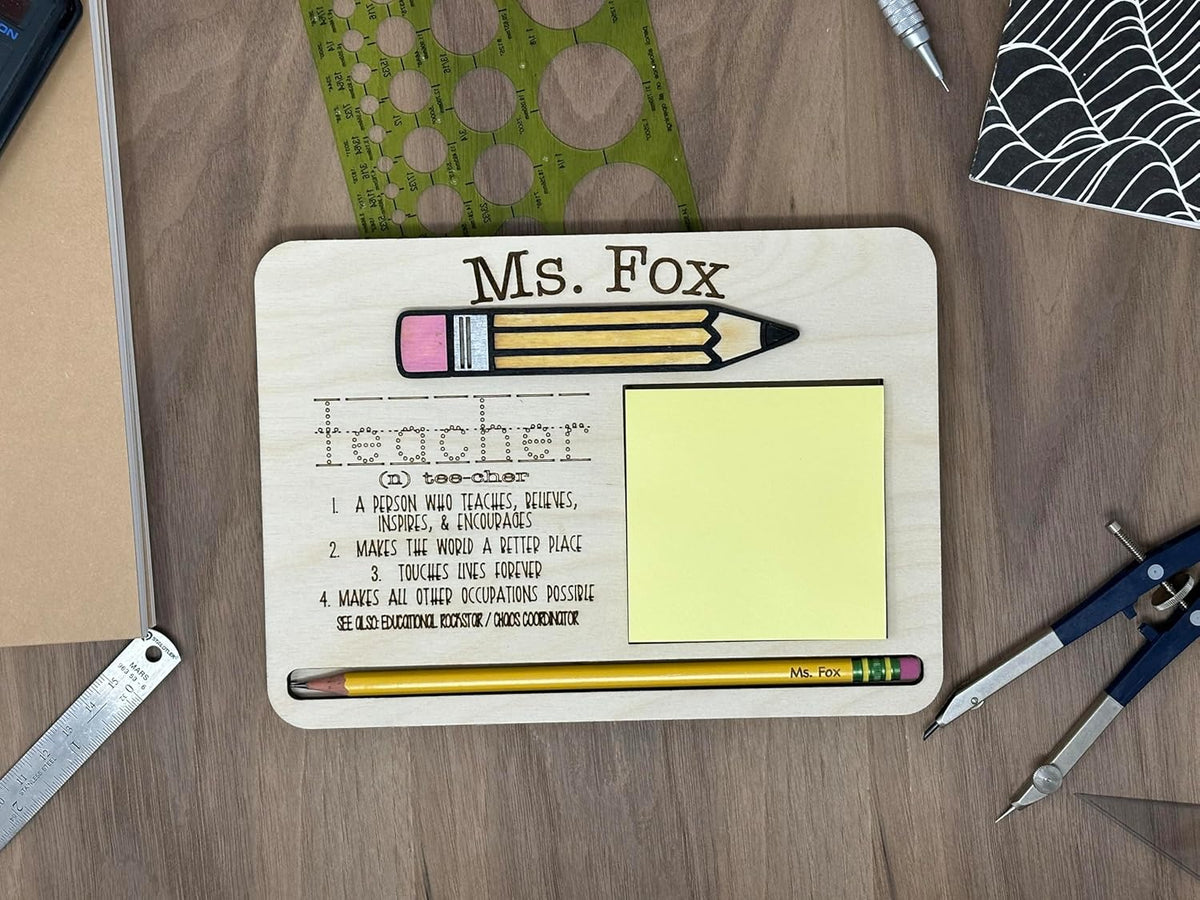 Personalized Teacher Sticky Note & Pencil Holder on a desk
