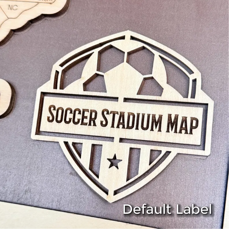 Personalized Soccer Stadium Travel Map with Stand - Sturdy Wood Back in a warm Craft Pilot product setting