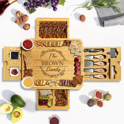 Craftpilot Personalized 4-Drawer Bamboo Cheese Board with Utensils Set Engraving Only Board