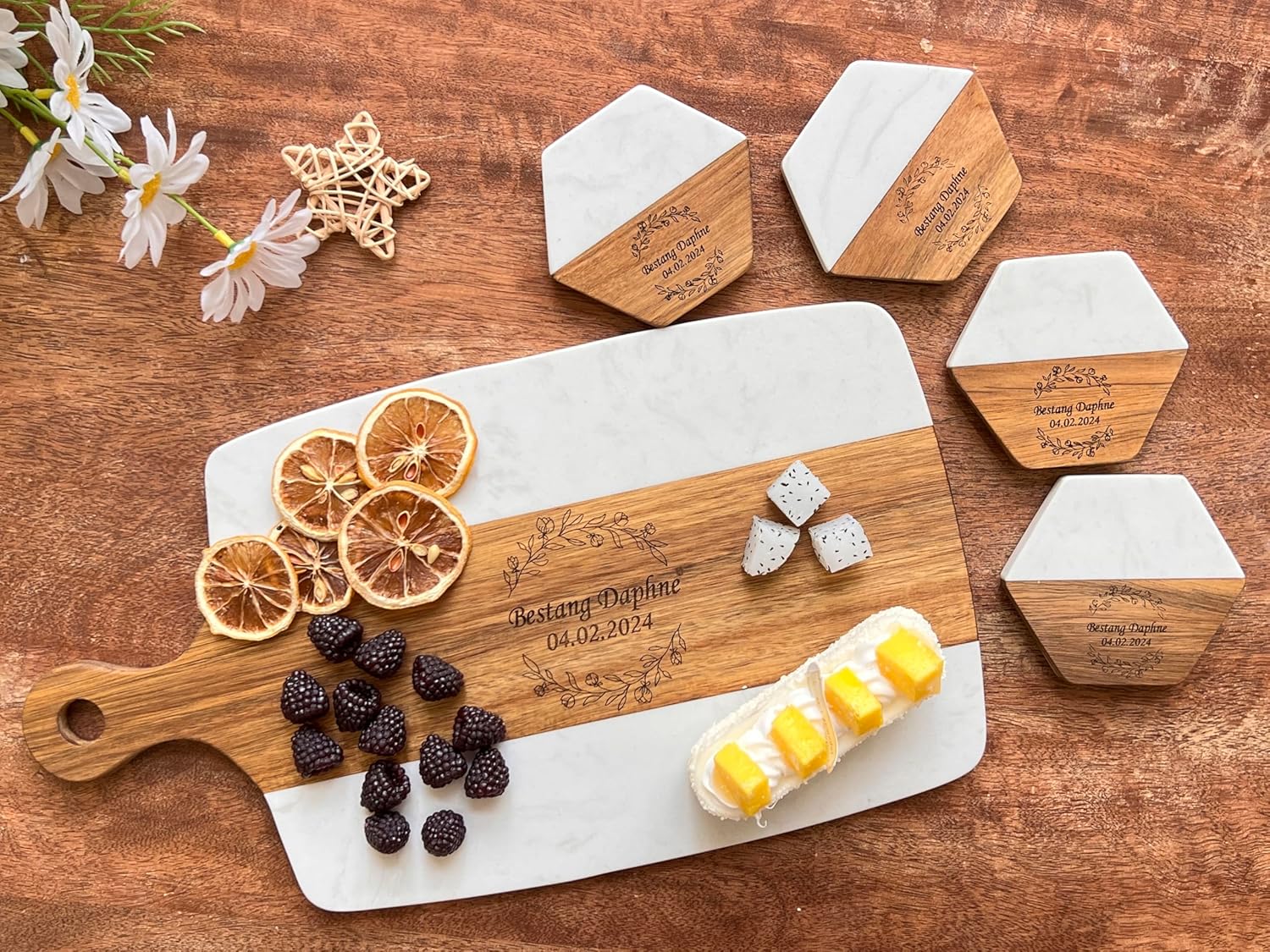 Personalized Marble and Wood Cutting Board with 4 Coasters SET - USA Made - Custom Engraved Charcuterie Boards & Cheese Boards,Best Present for Wedd, Engagement Anniversary Housewarming Gift