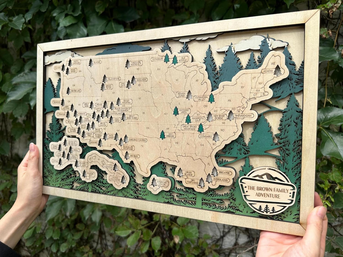 Custom Wooden US National Parks Tracker Map with Stand in a warm Craft Pilot product setting