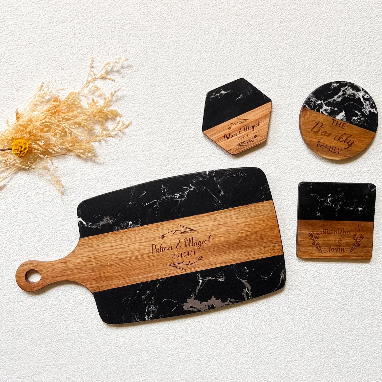 Personalized Marble and Wood Serving Board + Coaster Set | Black