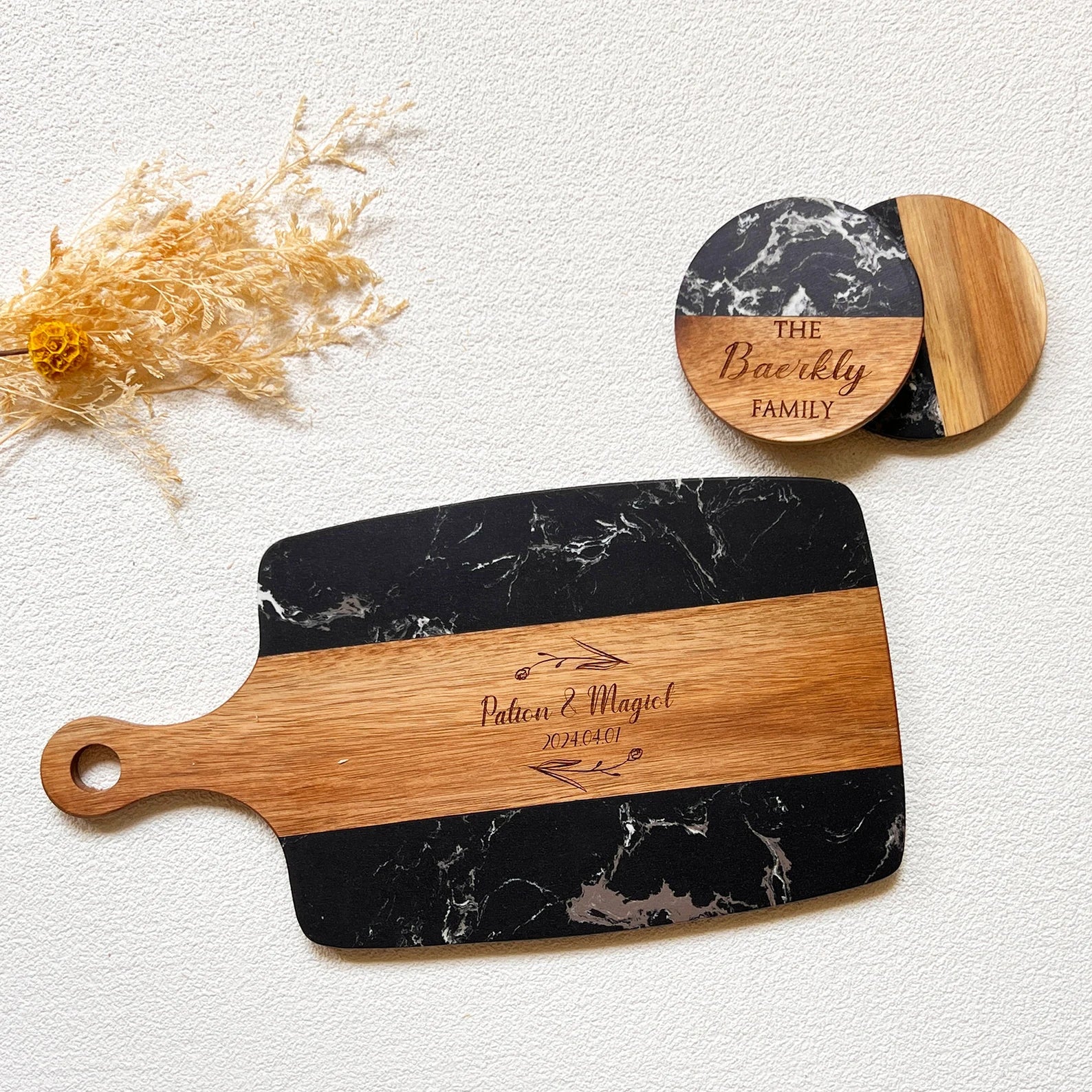 Personalized Marble and Wood Serving Board + Coaster Set | Black