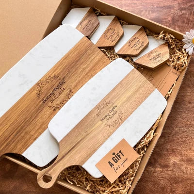 Personalized Marble and Wood Serving Board + Coaster Set | Black