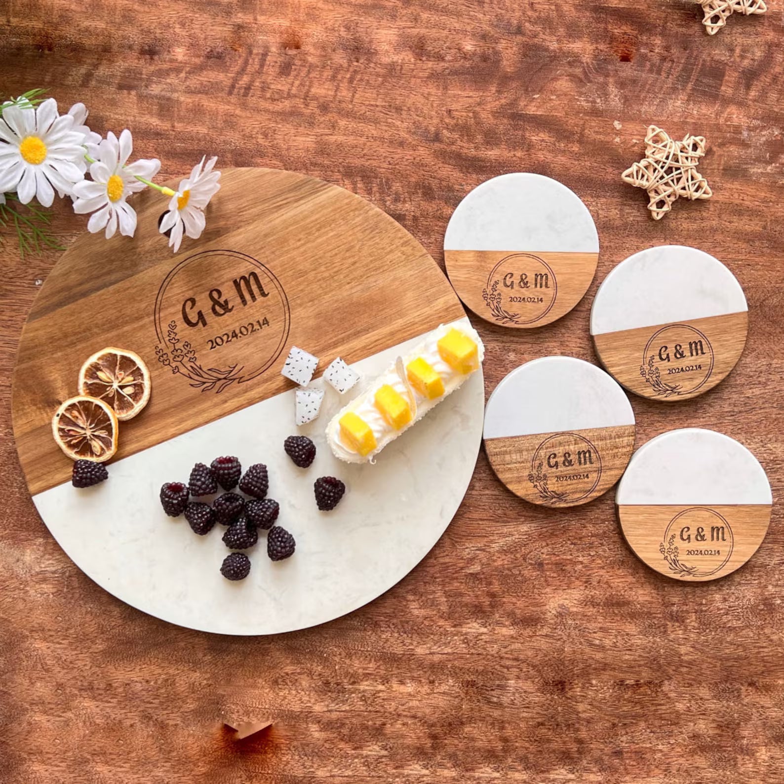 Personalized Round Marble and Wood Serving Board + Coaster Set