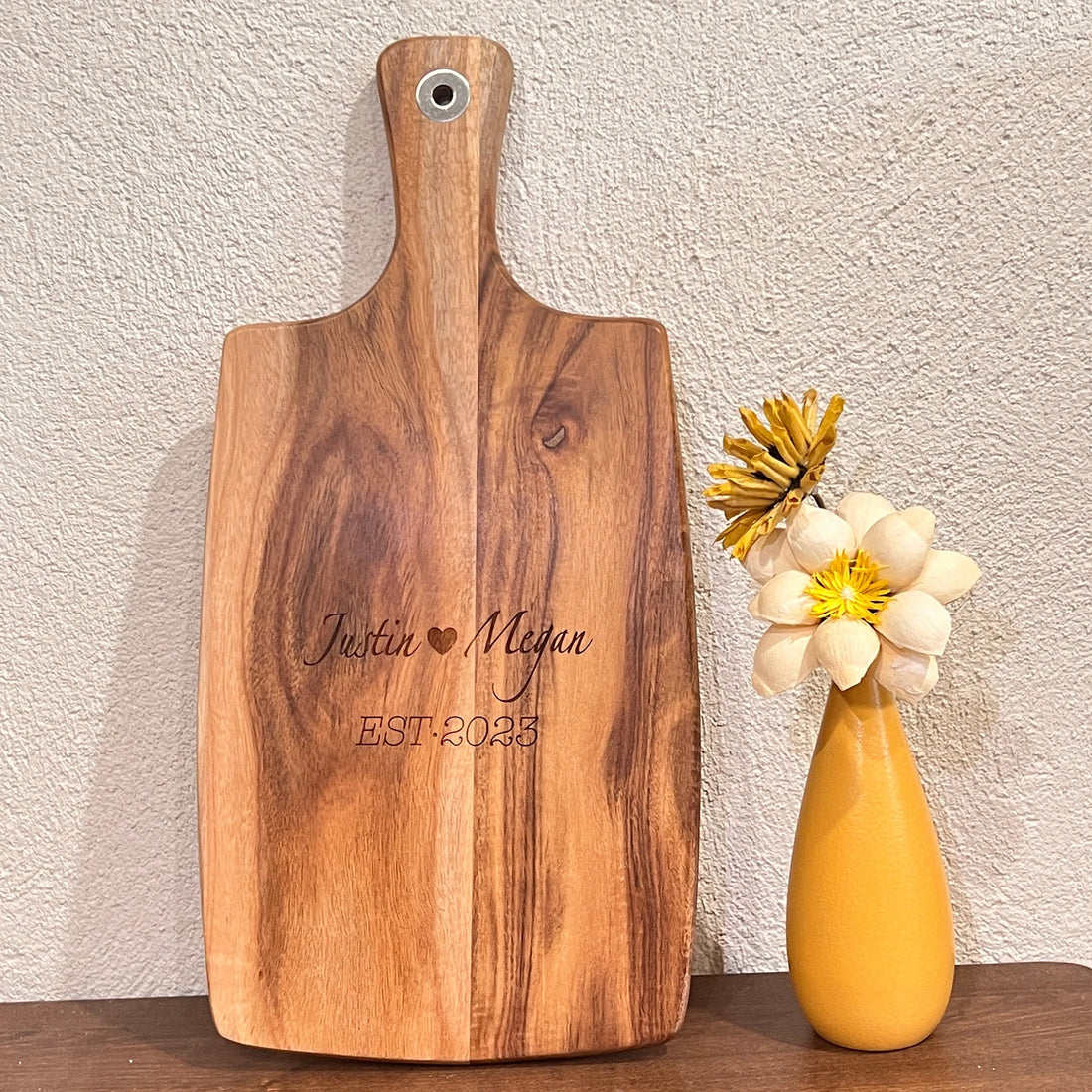 Acacia serving board with handle and engraved example
