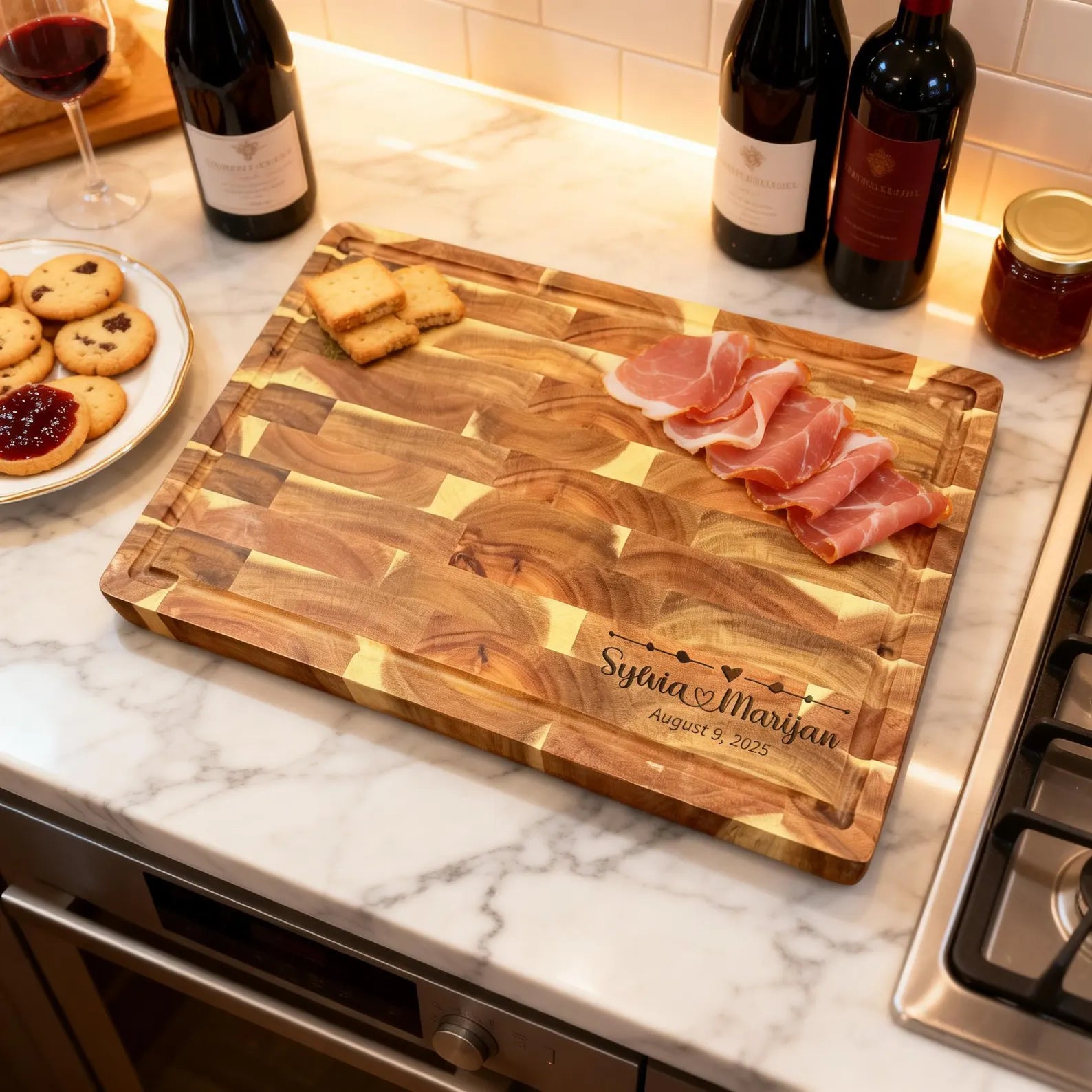 Craftpilot.co Personalized End Grain Butcher Block Board - Acacia Wood Cutting Board