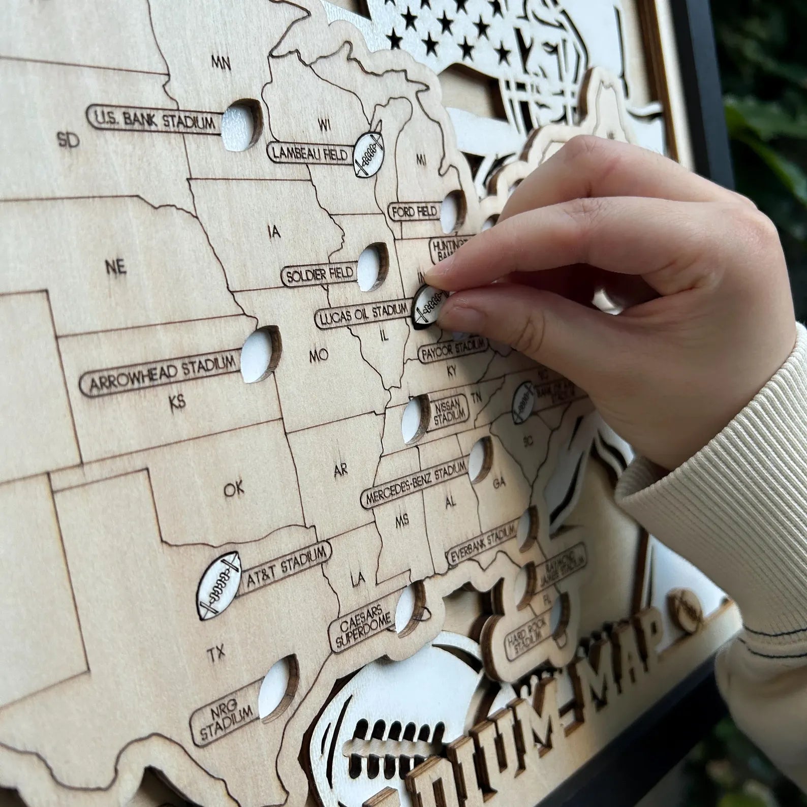 Craftpilot 3D Wooden Football Stadium Travel Map with Frame - M Size 18" x 11"