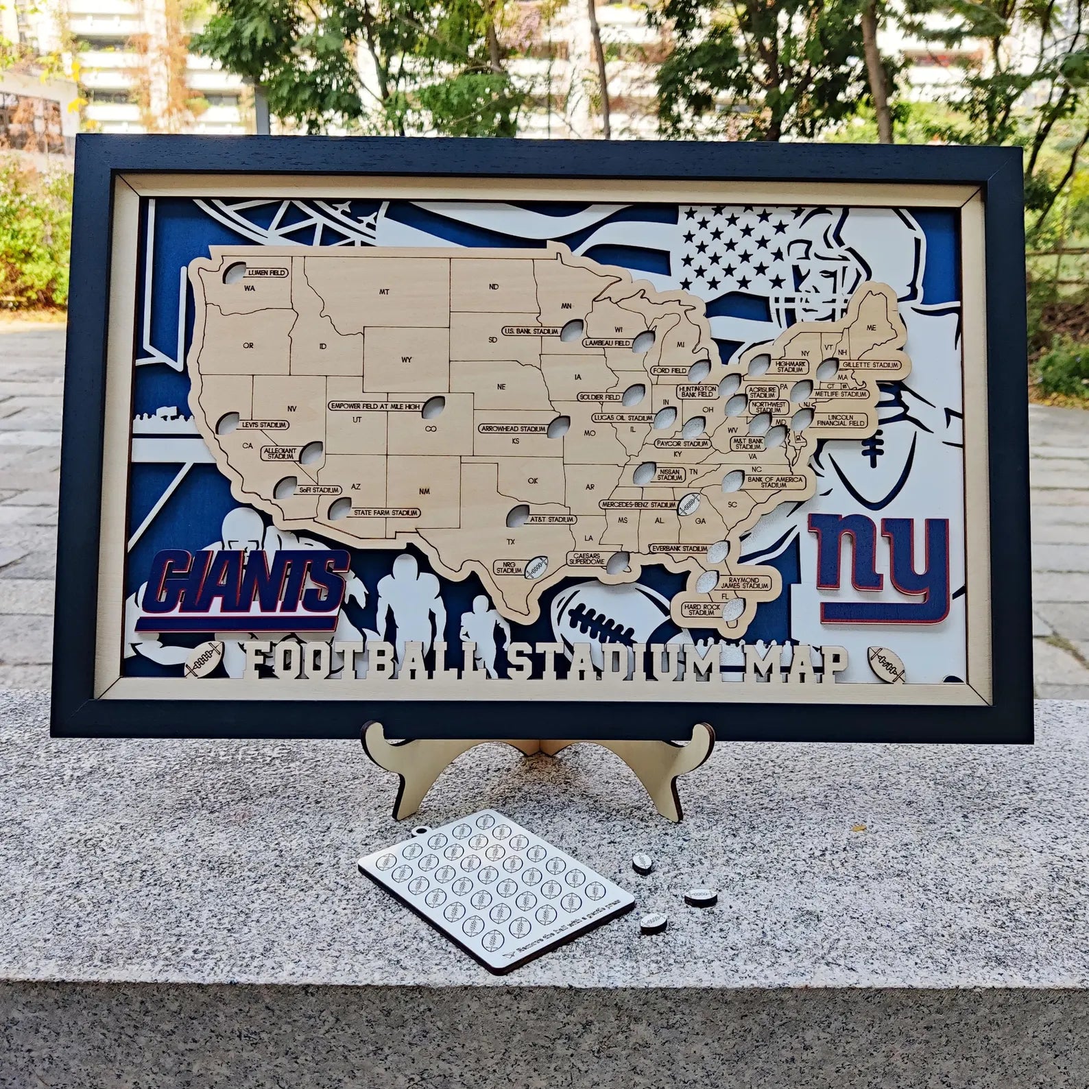 Craftpilot.co 3D Wooden Football Stadium Travel Map with Frame - M Size 18" x 11"