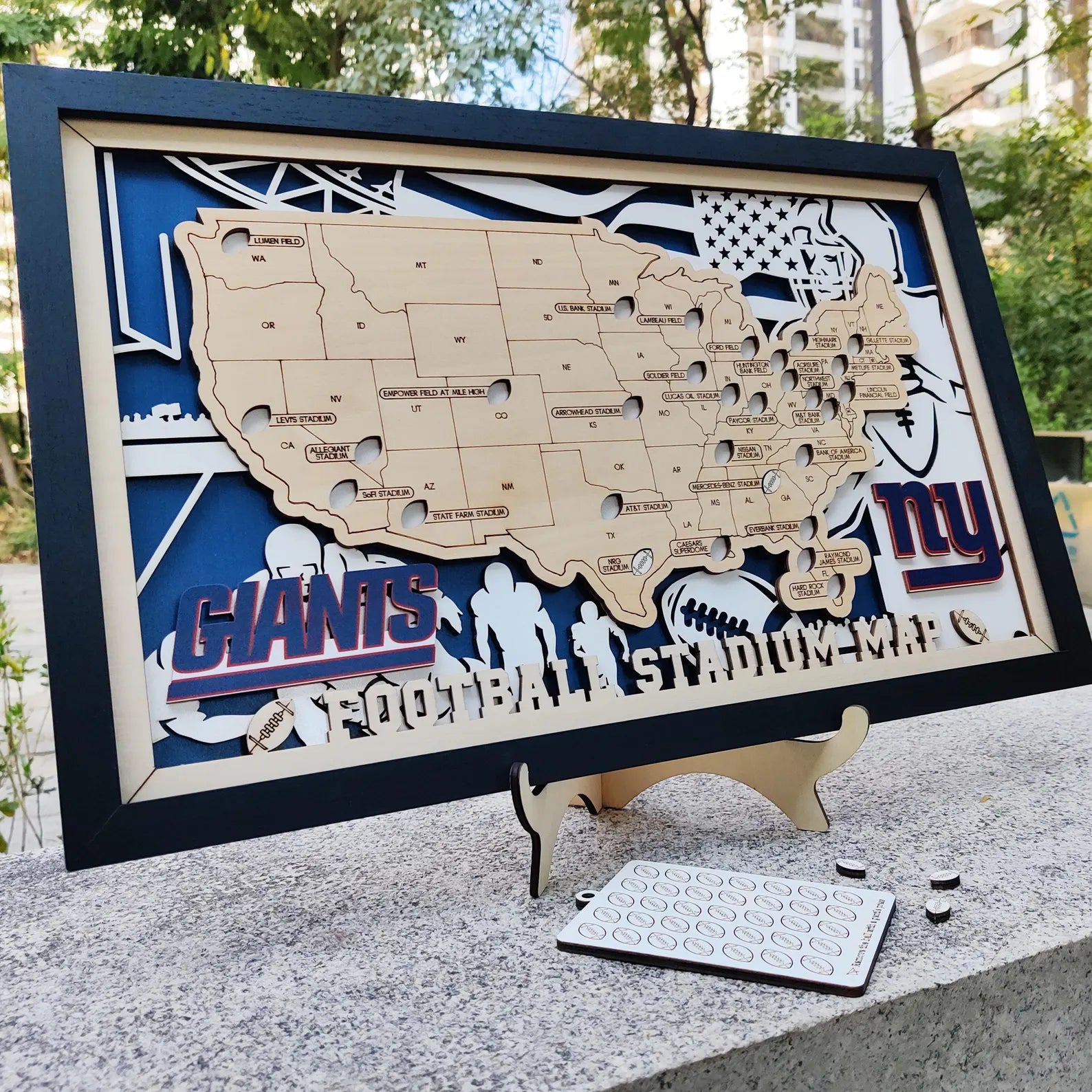 Craftpilot.co 3D Wooden Football Stadium Travel Map with Frame - M Size 18" x 11" Team Name & Logo