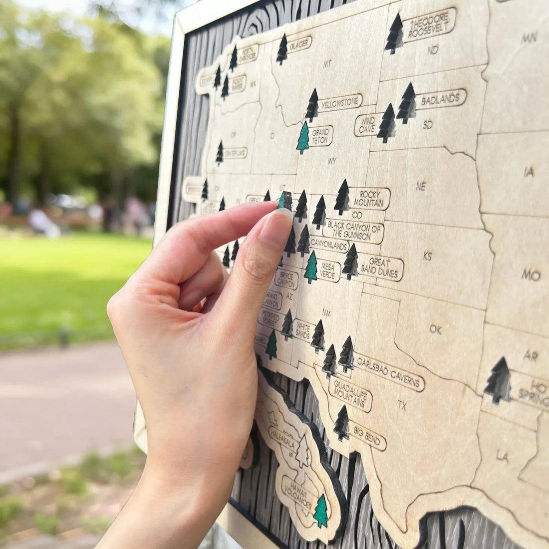 National Parks Travel Map — Gray Oak in a warm Craft Pilot product setting