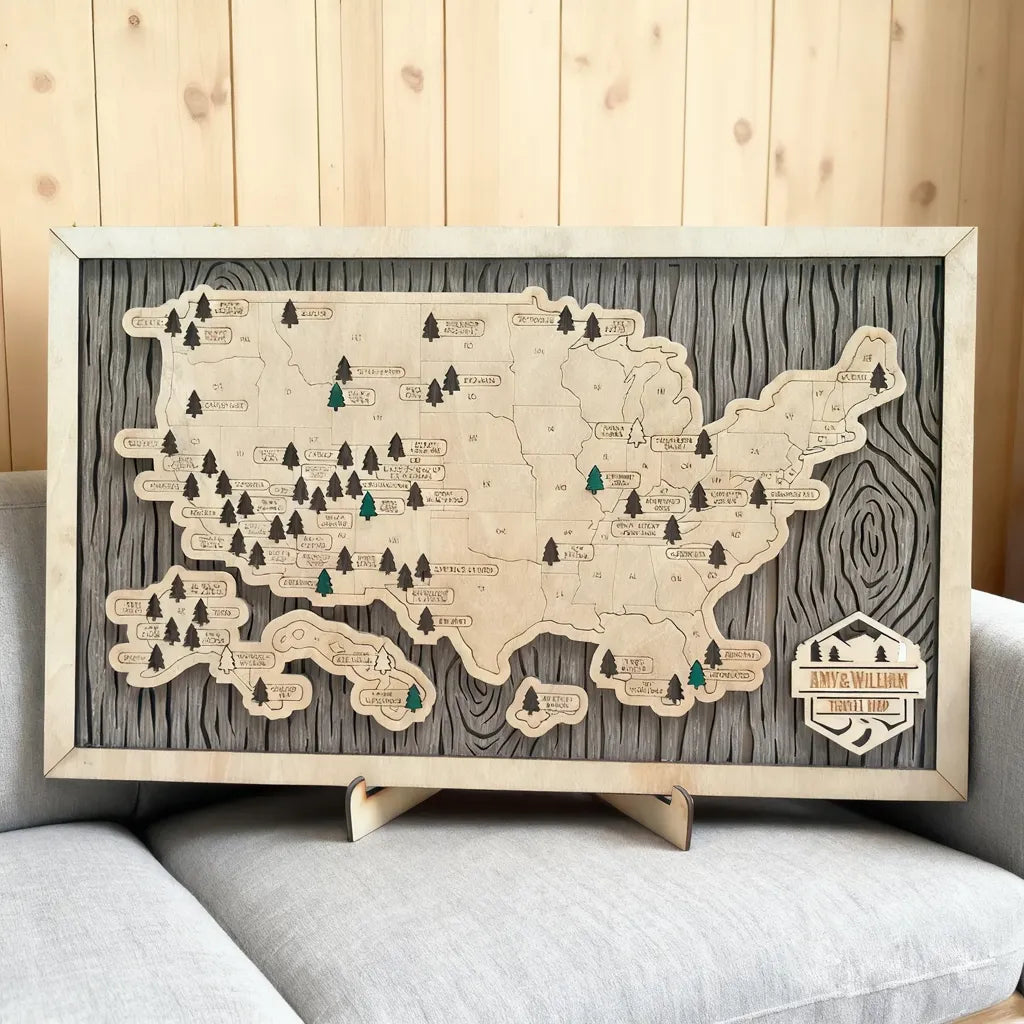 Custom Wooden US National Parks Travel Map (Gray Oak Back)