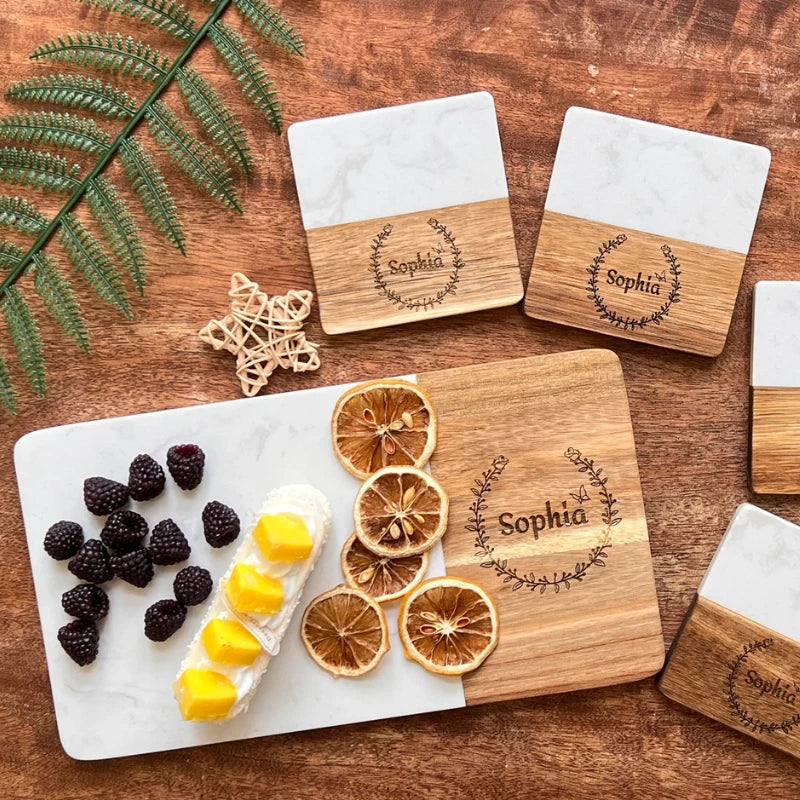 Craftpilot.co Personalized Marble & Acacia Wood Charcuterie Set