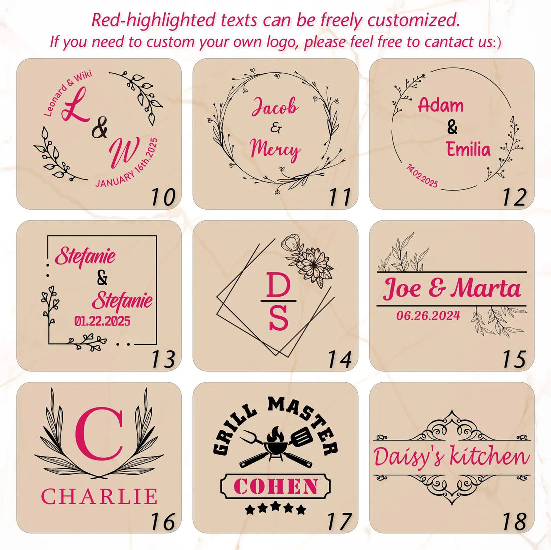 Personalized wooden cutting board with engraved text on a wooden surface with decorative elements.