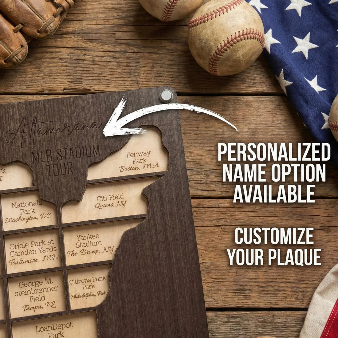 MLB Wooden Photo Map - 30 Ballparks Tracker