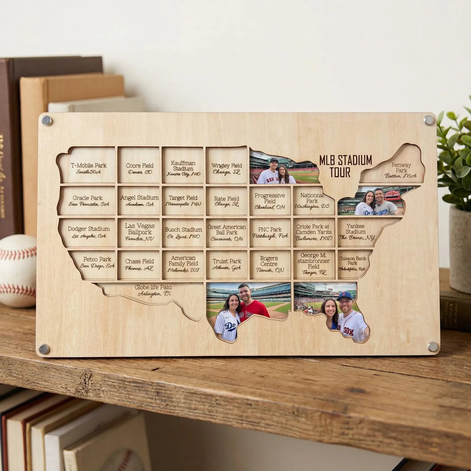 Craftpilot.co MLB Wooden Photo Map - 30 Ballparks Tracker Nature Wood