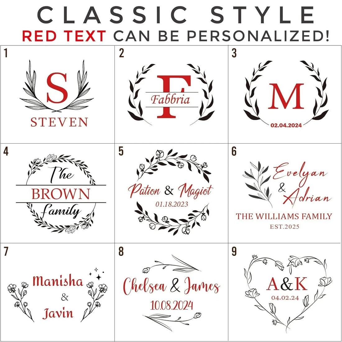 Wooden cutting board with engraved names and date, surrounded by decorative items on a textured surface.