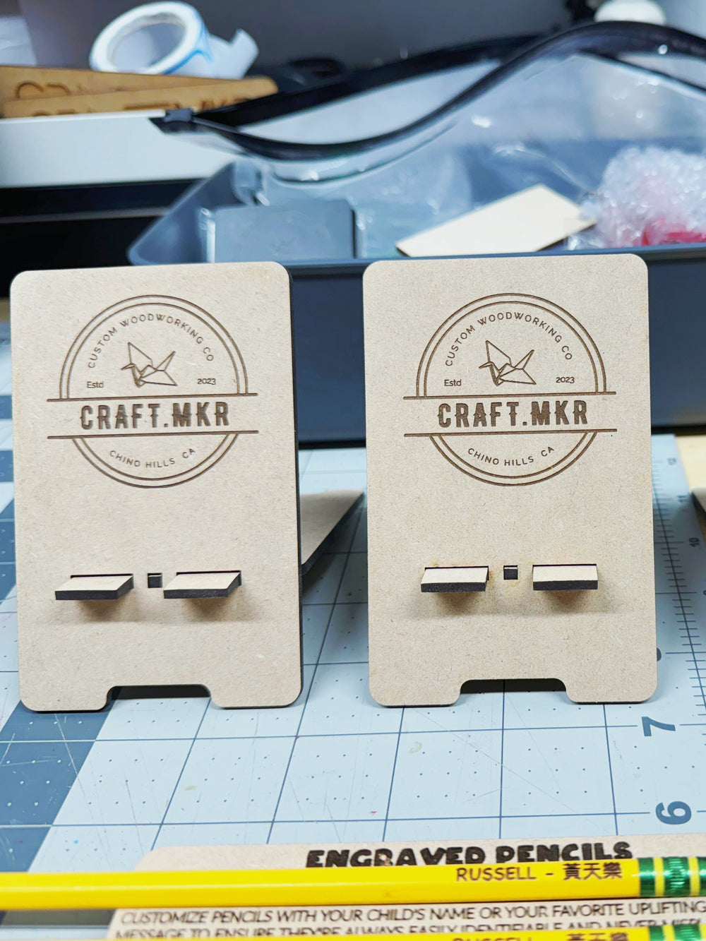 Branded wooden phone stands