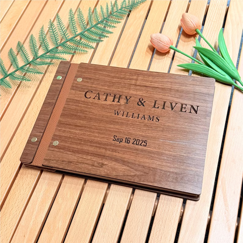 Small(A5) Personalized Wedding Guest Book and Photo Albums - Walnut Wood Cover, 6'' x 9''
