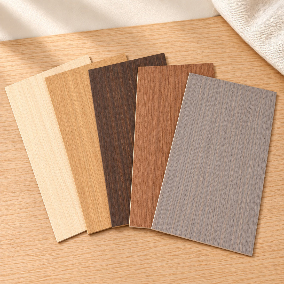 Five wood finishes shown as rectangular sheets with fine lengthwise grain