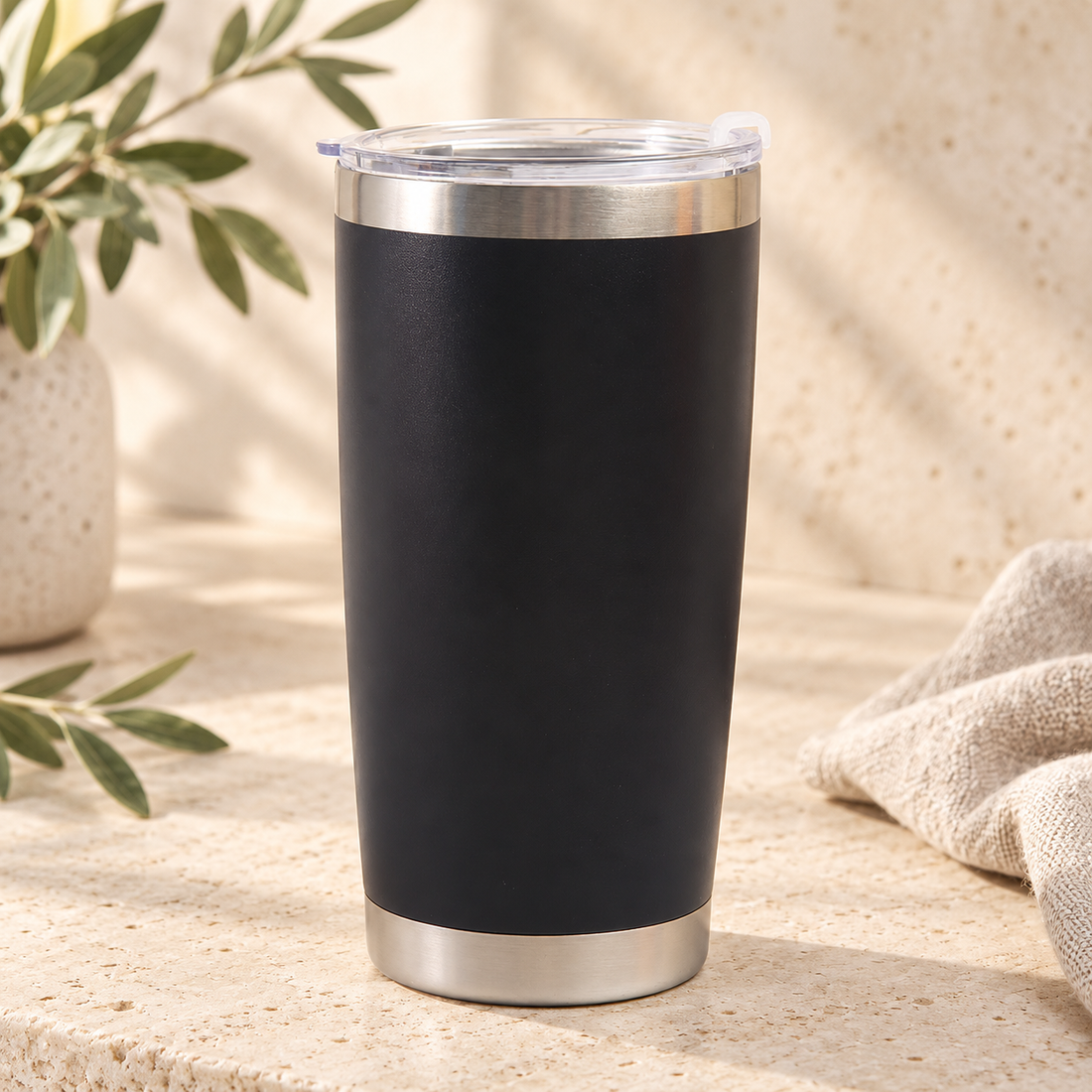 Black 20oz insulated coffee tumbler on warm cream stone
