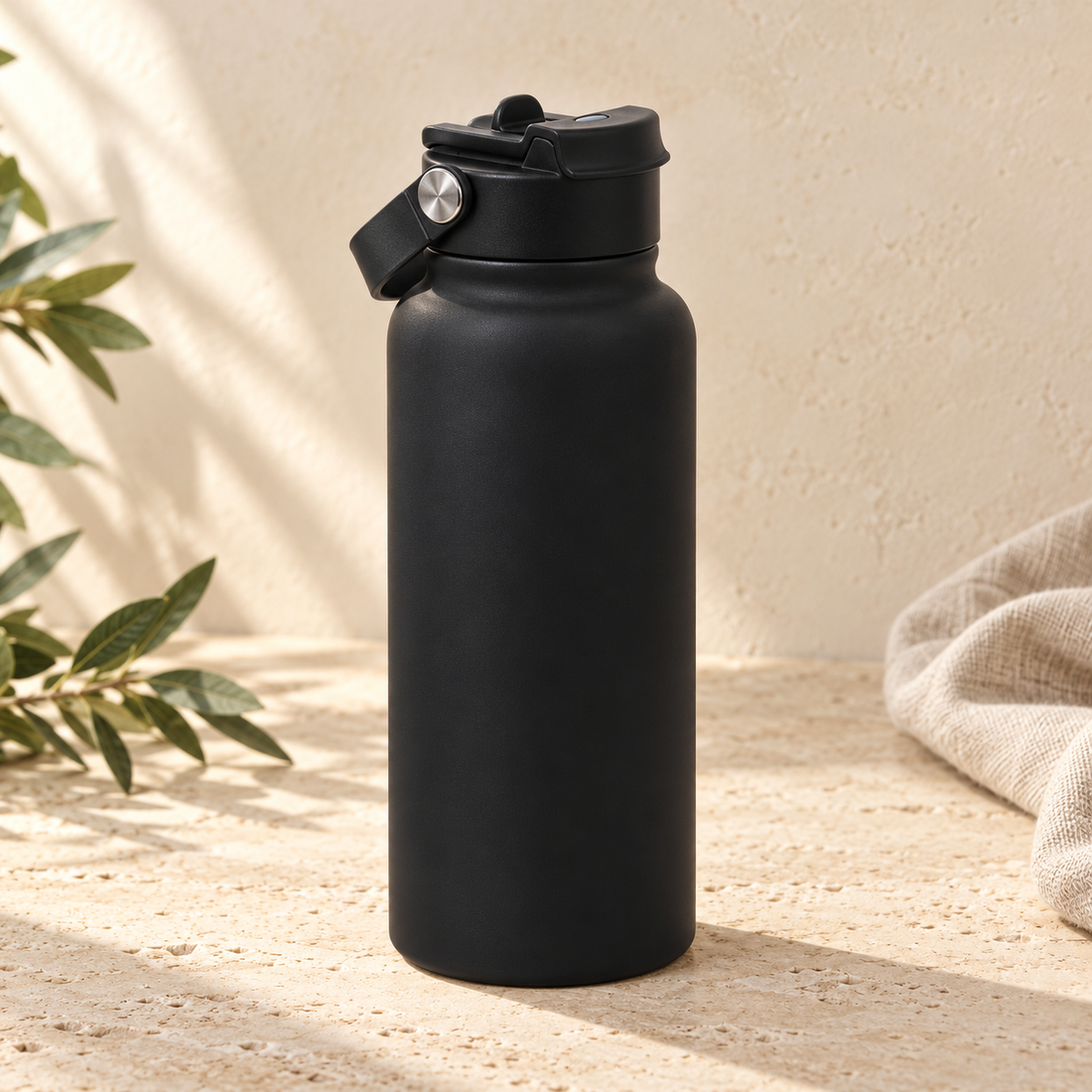 Matte black 32oz wide-mouth water bottle on warm cream stone