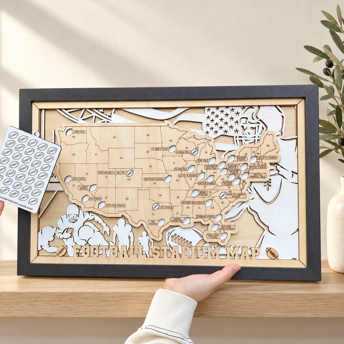 3D wooden football stadium map displayed in a warm interior