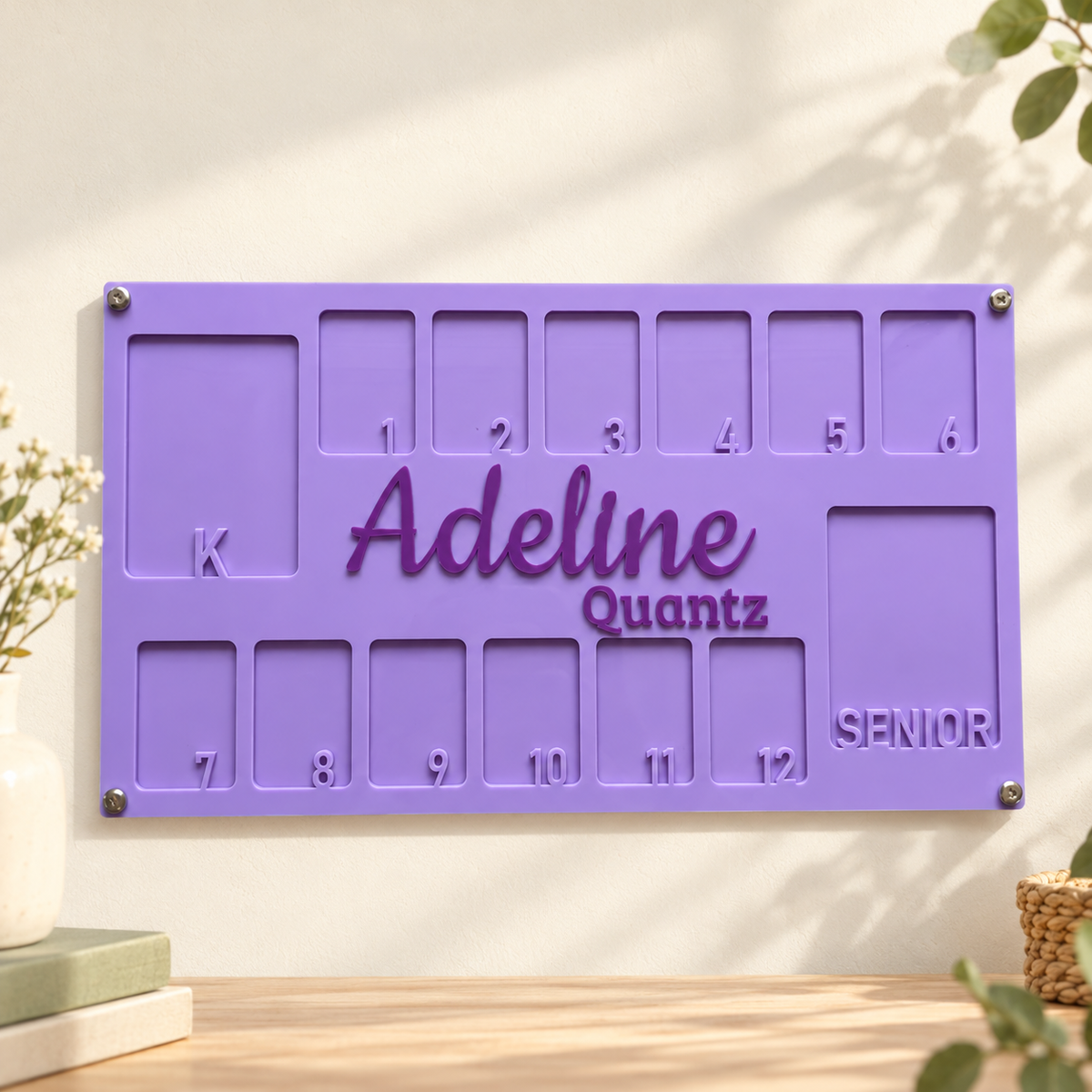 Lilac acrylic school photo frame in a warm cream and sage setting