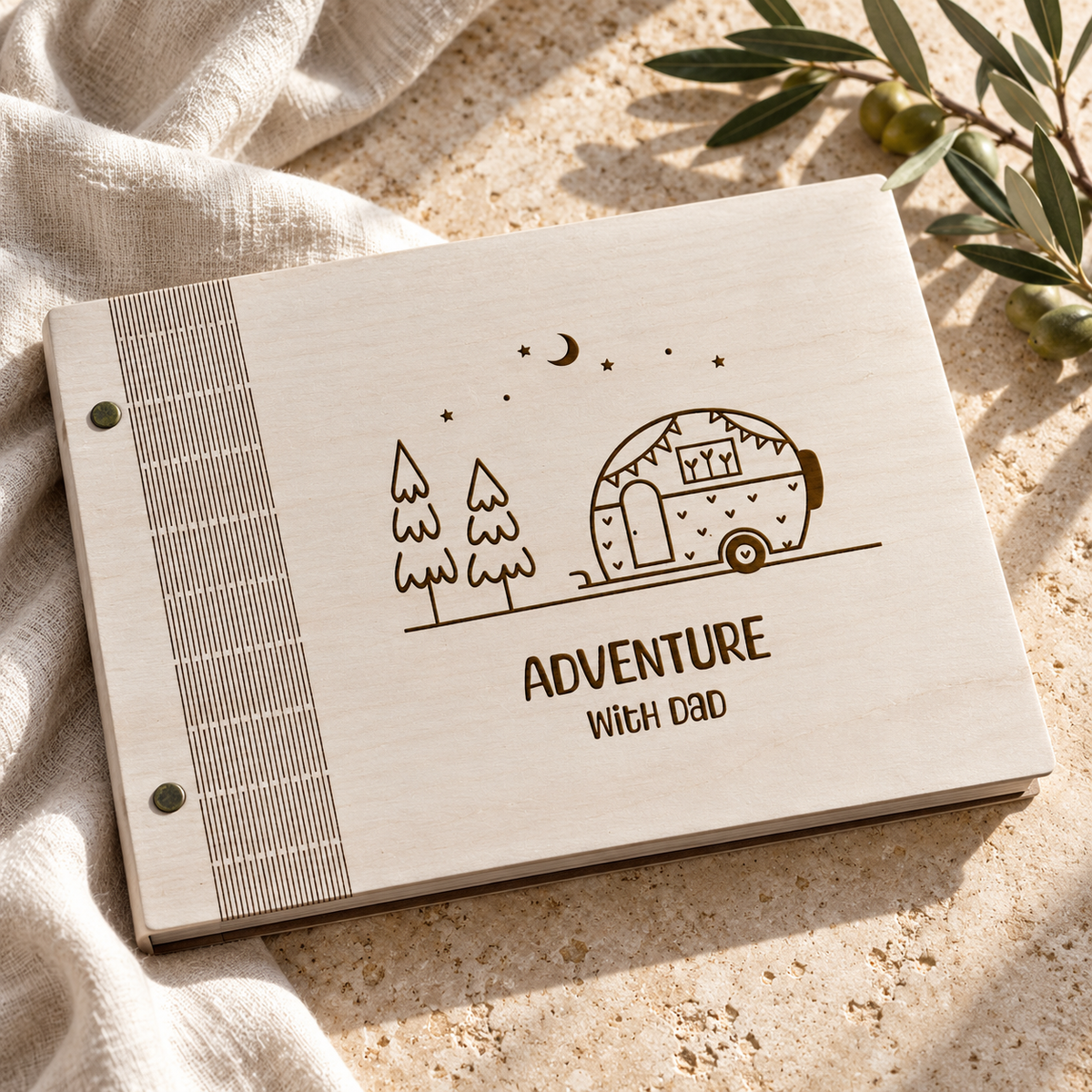Adventure with Dad wooden scrapbook on warm stone