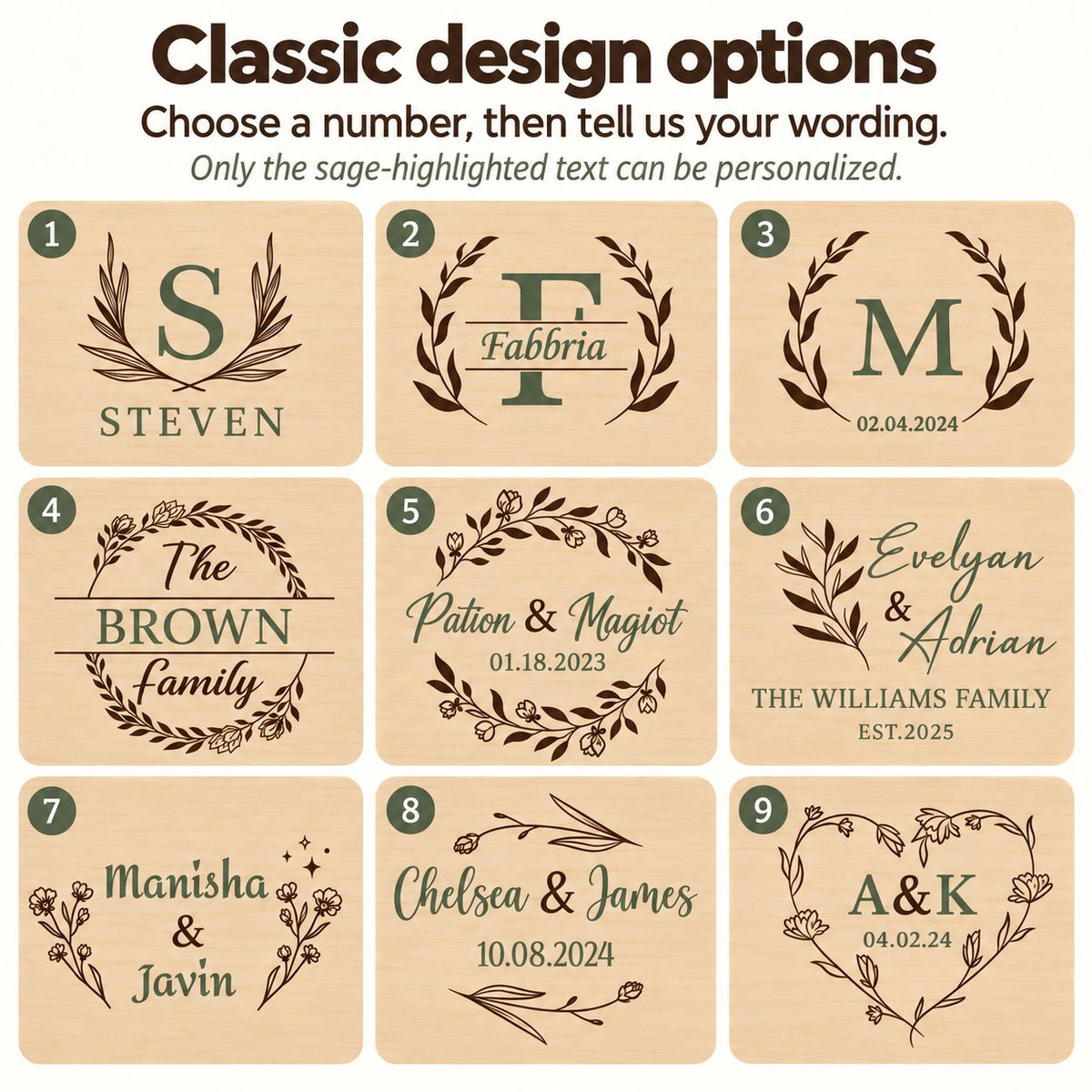 Classic design options 1–9. Only sage-highlighted text can be personalized.