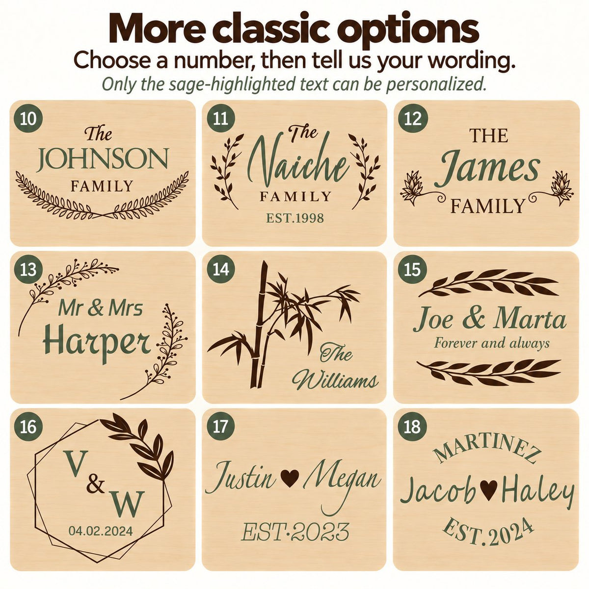 Classic design options 10–18. Only sage-highlighted text can be personalized.