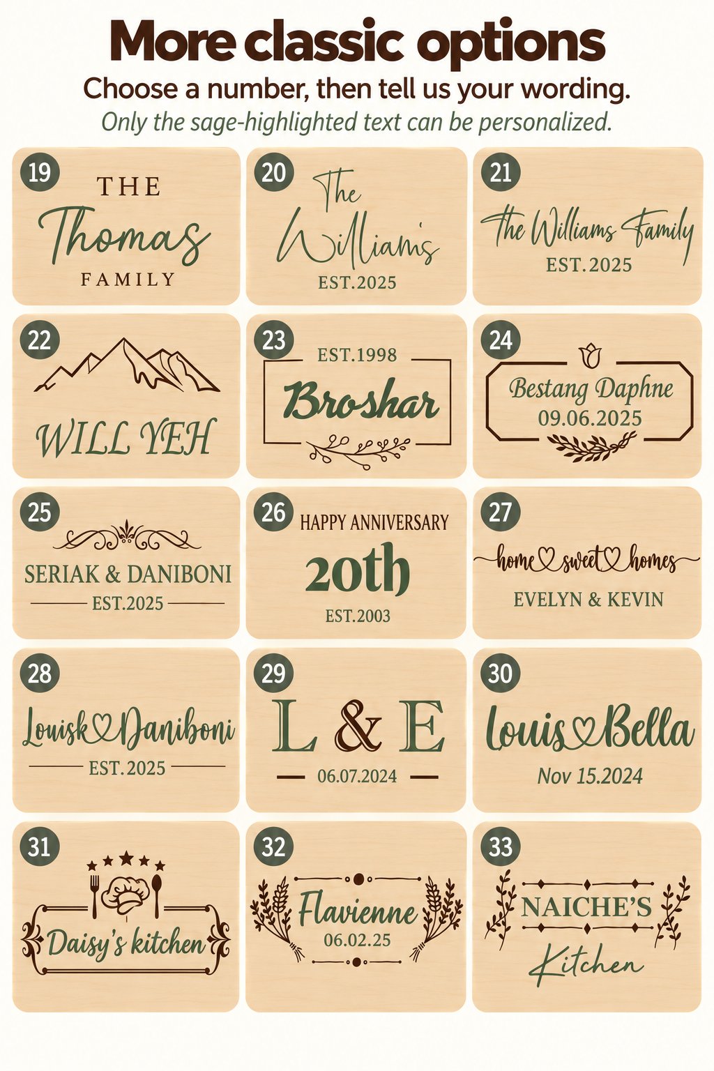 Classic design options 19–33. Only sage-highlighted text can be personalized.