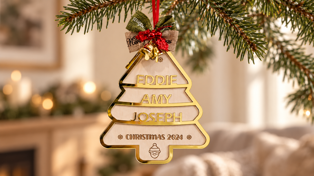 Gold acrylic and wood family Christmas tree ornament engraved Eddie, Amy and Joseph